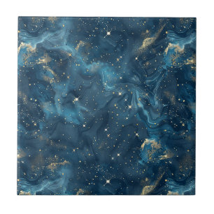 Blue Gold Celestial Galaxy Nebula Stars Ceramic Tile