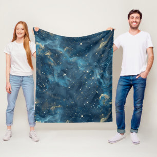 Blue Gold Celestial Galaxy Nebula Stars Fleece Blanket