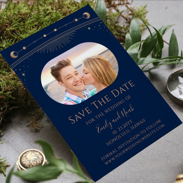 Blue Gold Celestial Moon Phase Wedding Photo Save The Date (Creator Uploaded)
