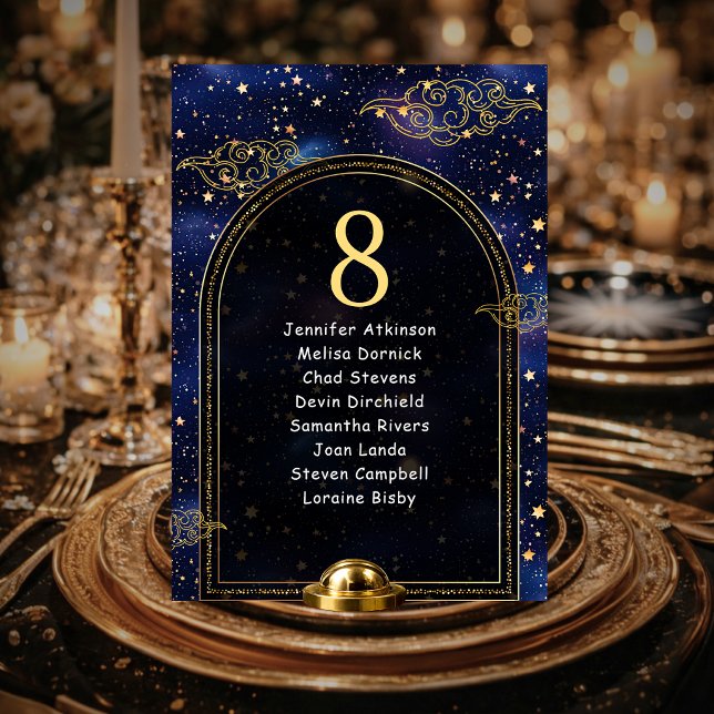 Blue gold celestial stars wedding seating  table number (Creator Uploaded)
