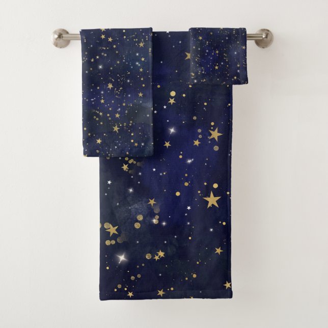 Blue & Gold Celestial Stars Whimsical Watercolor Bath Towel Set (Insitu)