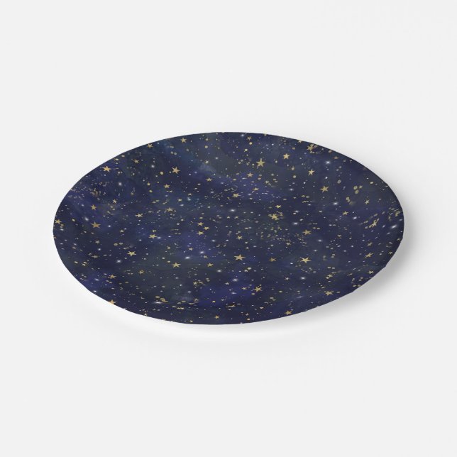 Blue & Gold Celestial Stars Whimsical Watercolor Paper Plate (Angled)