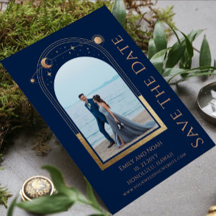Blue Gold Celestial Sun Moon Stars Double Photo Save The Date