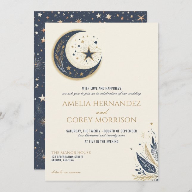 Blue & Gold Celestial with Details Wedding Invitation (Front/Back)