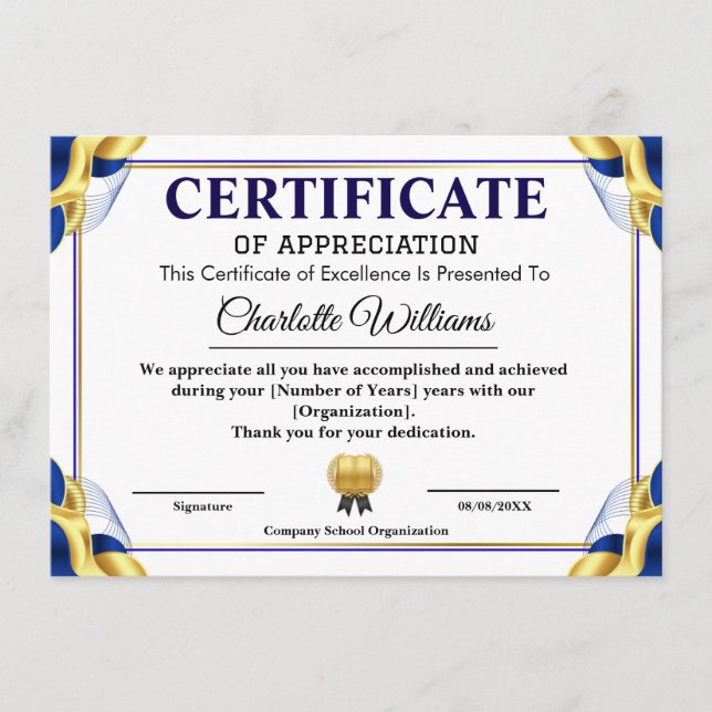 Blue Gold Certificate of Appreciation Template (Front)