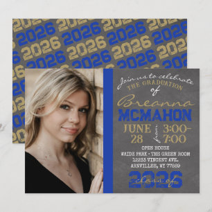 Blue & Gold Chalkboard Graduation Photo Invitation