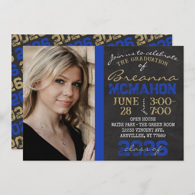 Blue & Gold Chalkboard Graduation Photo Invitation (Repeating Class Year 1 Photo Graduation Invitations)