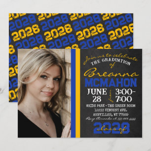 Blue & Gold Chalkboard Graduation Photo Invitation