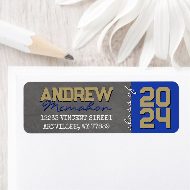 Blue & Gold Chalkboard Graduation Return Address Label (Creator Uploaded)