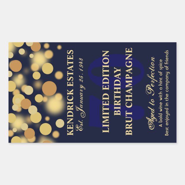Blue Gold Champagne Bubbles Birthday Label 750ml (Front)