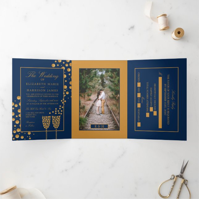 Blue & Gold Champagne Bubbles, Wedding Suite Tri-Fold Invitation (Inside)