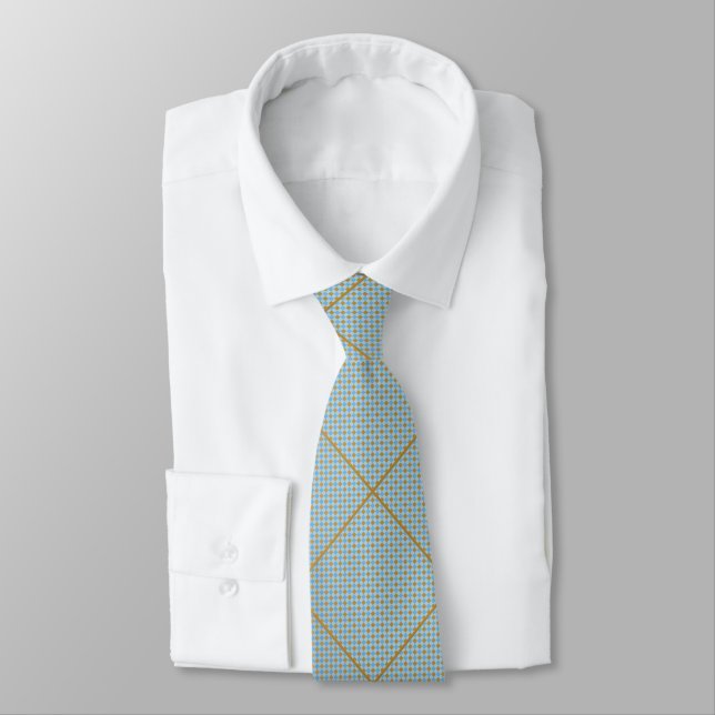 BLUE GOLD CHECKERED PATTERN CUSTOM MENS TIE (Tied)