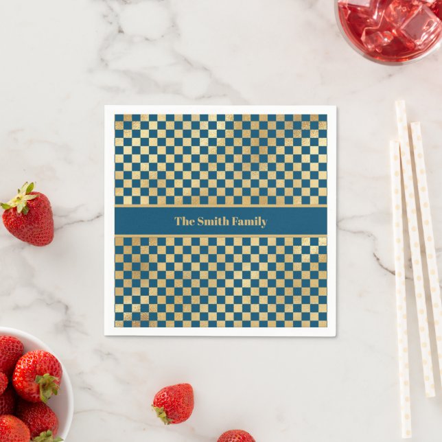 Blue Gold Chequered Paper Napkin (Insitu)