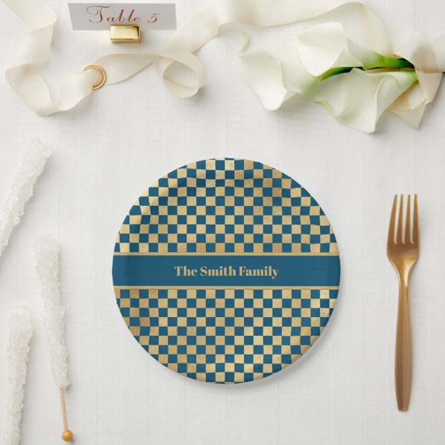 Blue Gold Chequered Paper Plate (Wedding)