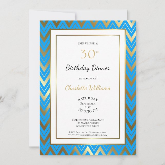 Blue Gold Chevron 30th Birthday Dinner Party Invitation (Front)