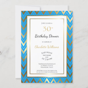 Blue Gold Chevron 30th Birthday Dinner Party Invitation