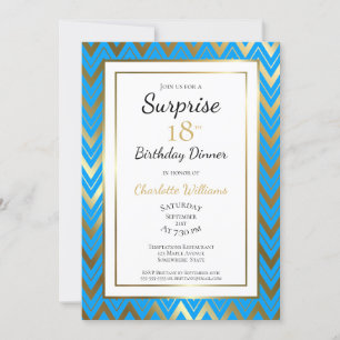 Blue Gold Chevron Surprise 18th Birthday Dinner Invitation