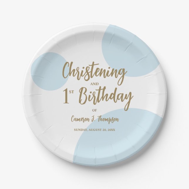 Blue Gold Christening And 1st birthday Custom Paper Plate (Front)