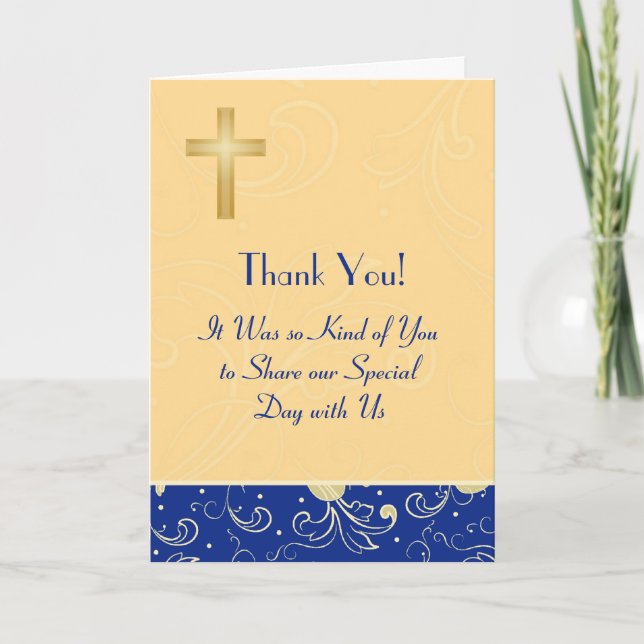 Blue, Gold, Christian Cross, Damask Thank You Card (Front)