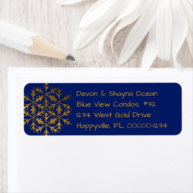 Blue Gold Christmas Crystal Return Address Label (Insitu)
