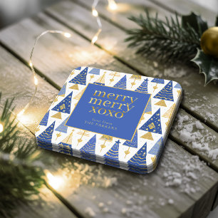 Blue Gold Christmas Merry Pattern#25 ID1009 Square Paper Coaster