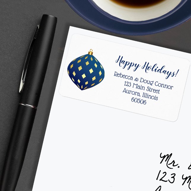Blue Gold Christmas Ornament Holiday Address Label (Blue and gold Christmas ornaments holiday return address labels)