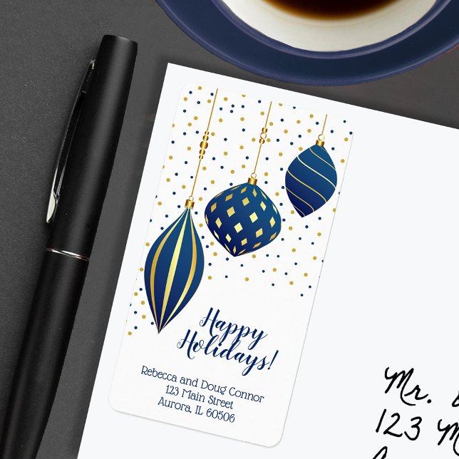 Blue Gold Christmas Ornaments and Dots Holiday Label (Creator Uploaded)