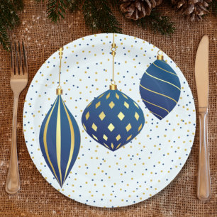 Blue Gold Christmas Ornaments and Dots Holiday Paper Plate