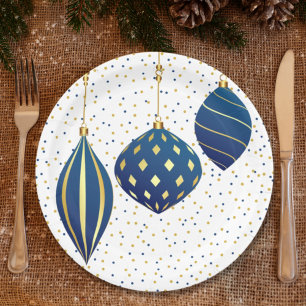Blue Gold Christmas Ornaments and Dots Holiday Paper Plate