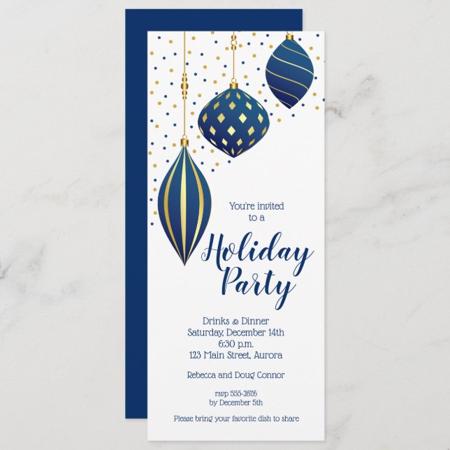 Blue Gold Christmas Ornaments Dots Holiday Invites (Front/Back)