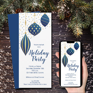 Blue Gold Christmas Ornaments Holiday Invitation
