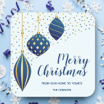 Blue Gold Christmas Ornaments Holiday Square Sticker<br><div class="desc">Merry Christmas holiday stickers you can use for anything! Elegant blue and gold holiday Christmas tree ornaments and dots on pale blue background with your details in chic lettering. All text, fonts, font colours and background colour can be modified, just click Customise further link. MATCHING gift bags, tissue paper, invitations...</div>