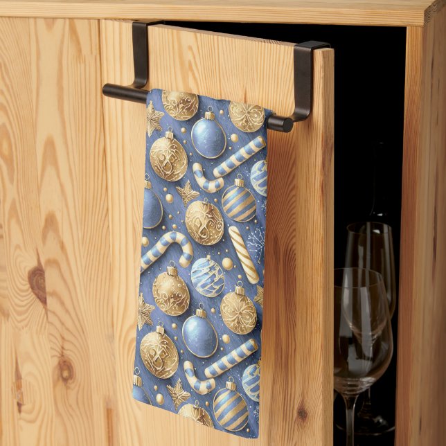 Blue Gold Christmas Pattern#12 ID1009 Tea Towel (Thirds Fold)
