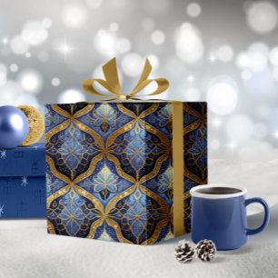 Blue Gold Christmas Pattern#31 ID1009 Wrapping Paper