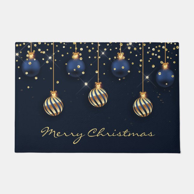 Blue gold Christmas tree balls DIY greeting Doormat (Front)