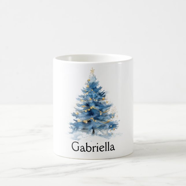 Blue Gold Christmas Tree Name Coffee Mug (Center)