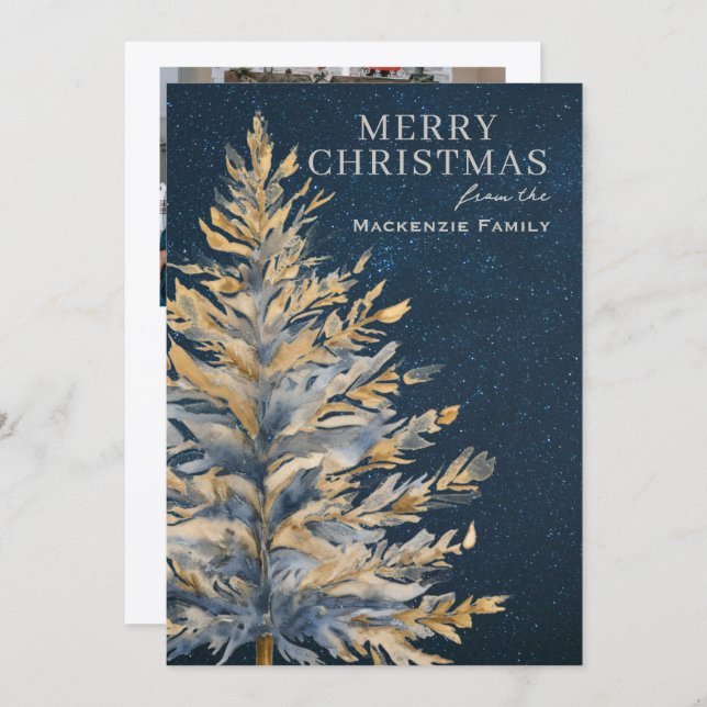 Blue Gold Christmas Tree Photo Personalized Holiday Card (Front/Back)