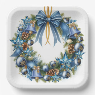 Blue & Gold Christmas Wreath Square Paper Plates
