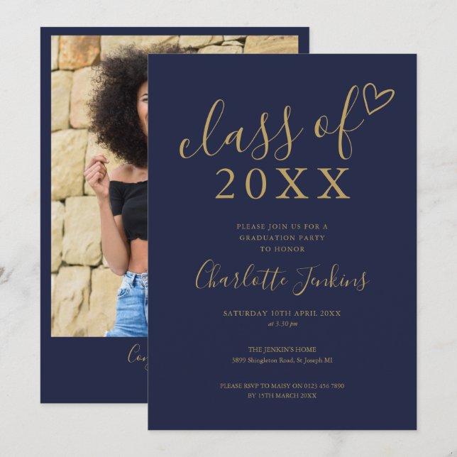 Blue Gold Class of Script Photo Graduation Party Invitation (Front/Back)