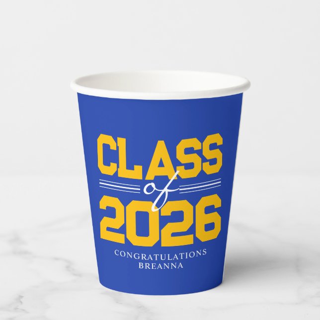 Blue & Gold Class of Year Graduation Paper Cups (Back)