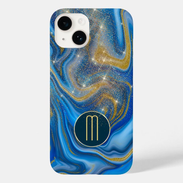 Blue Gold Colour Swirl Sparkle Monogram Case-Mate iPhone Case (Back)