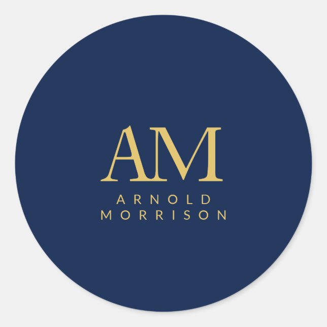 Blue Gold Colours Monogram Initial Letters Name Classic Round Sticker (Front)