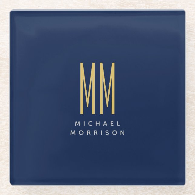 Blue Gold Colours Monogram Initial Letters Name Glass Coaster (Front)