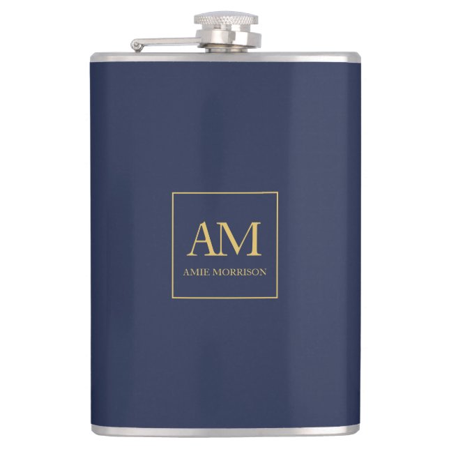 Blue Gold Colours Monogram Initial Letters Name Hip Flask (Front)