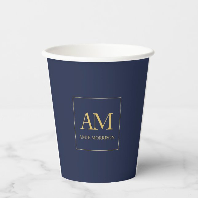 Blue Gold Colours Monogram Initial Letters Name Paper Cups (Front)