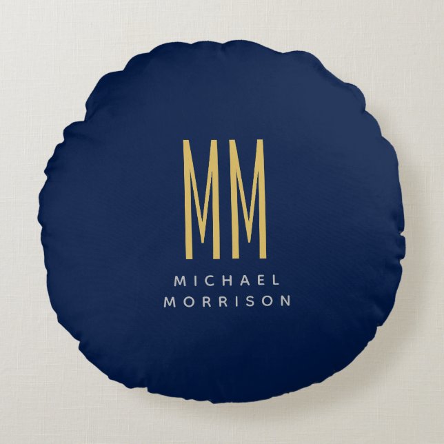 Blue Gold Colours Monogram Initial Letters Name Round Cushion (Front)