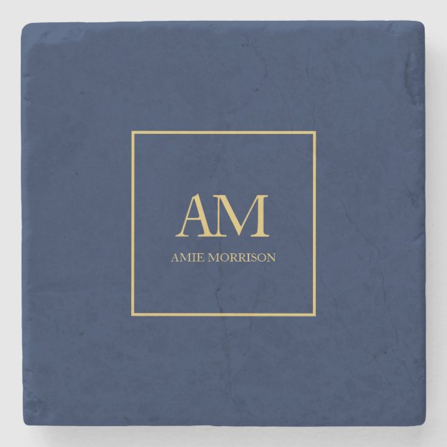 Blue Gold Colours Monogram Initial Letters Name Stone Coaster (Front)