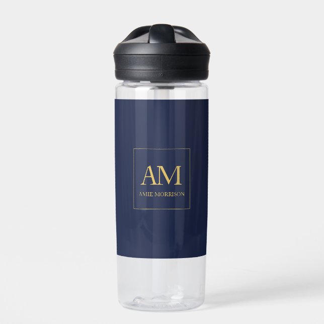 Blue Gold Colours Monogram Initial Letters Name Water Bottle (Front)