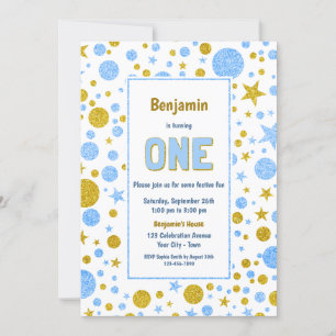 Blue Gold Confetti 1st Birthday Party Invitation