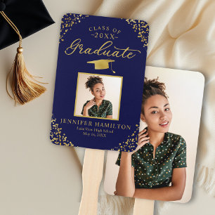 Blue Gold Confetti 2 Photo Graduation  Hand Fan